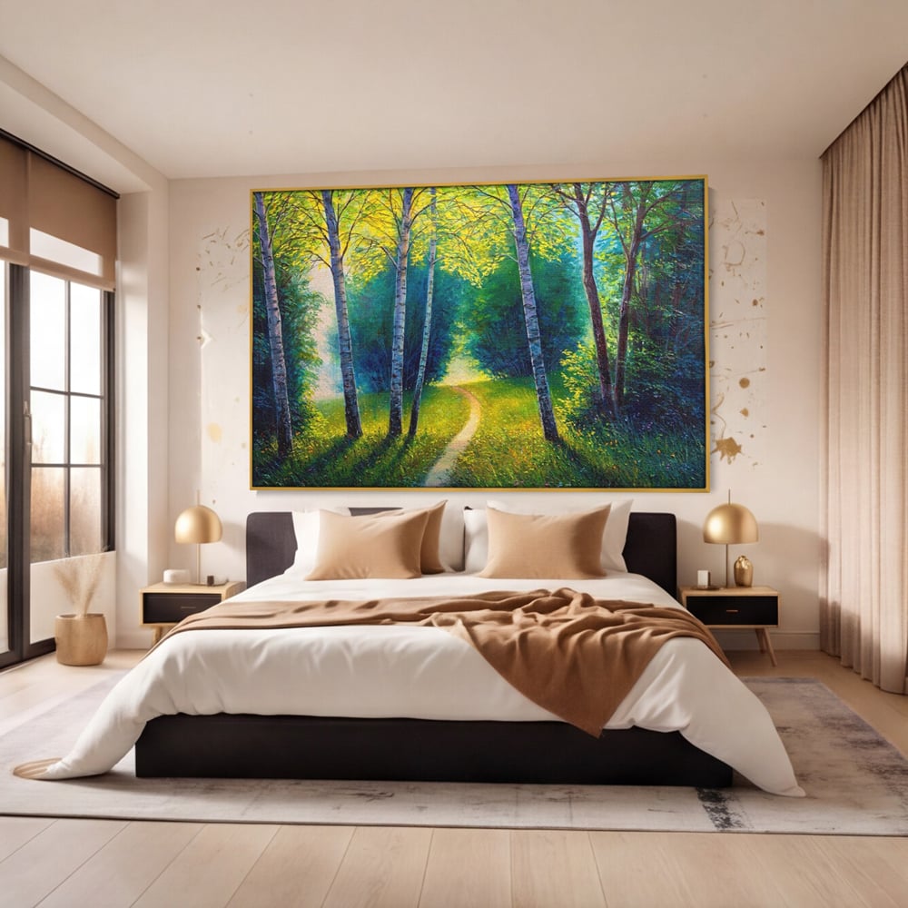 Tablou canvas cu tablou canvas cu alee prin padurea verde, in rama de aluminiu auriu, pe perete intr-un dormitor
